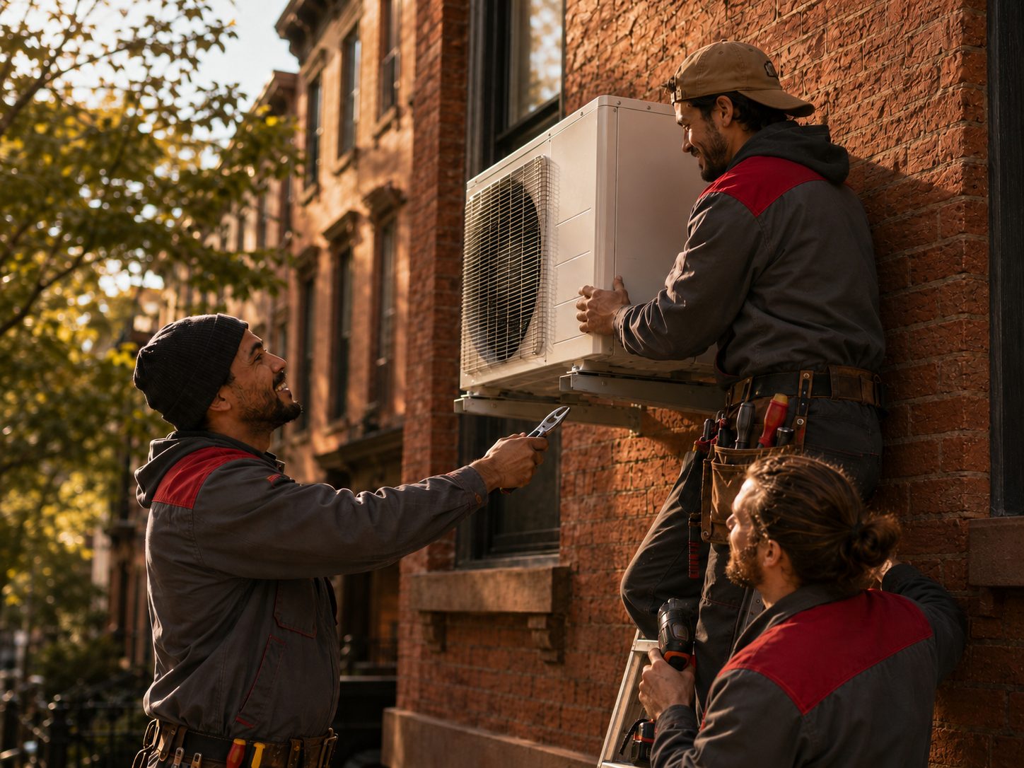 A Sunny crew of three technicians installing a ductless mini-split on a Brooklyn brownstone at golden hour, working together and smiling.