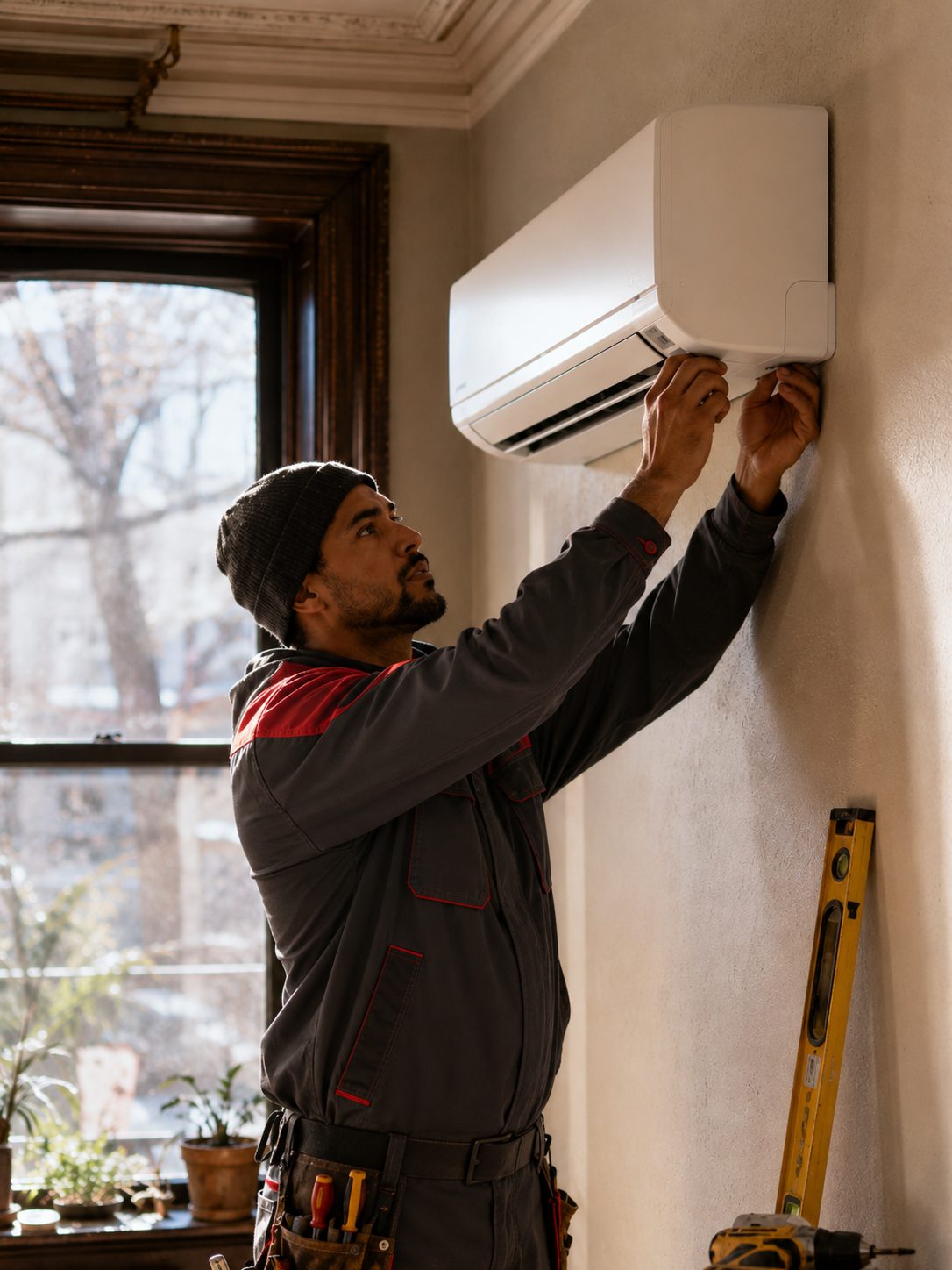 A Sunny technician on site finishing a ductless mini-split head install in a Bed-Stuy apartment.